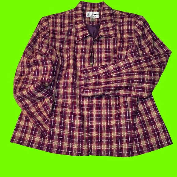 Purple & Brown Hues Zipper Front Blazer With Shoulder Pads Hand Pockets Size 16 - Picture 1 of 9